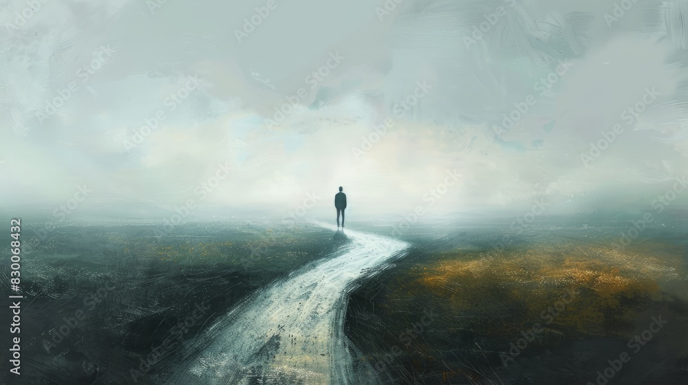 Obraz premium Crossroads of Uncertainty - A Thoughtful Individual at a Path Fork in an Open Field under Overcast Skies