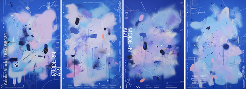 A series of four posters has different shapes and textures in shades of light pink to dark navy blue, with some scattered elements, creating an overall effect reminiscent of abstract glitch art