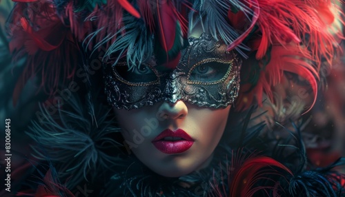 A beautiful woman wearing a Venetian mask with red and black feathers.