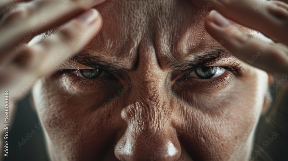 Intense Emotions: Close-up of Overwhelmed Individual Gripping Head in Tension, Dramatic Lighting and Realistic Textures Highlighting Stress and Strain Intense Emotions: Close-up of Overwhelmed Individual Gripping Head in Tension, Dramatic Lighting and Realistic Textures Highlighting Stress and Strain