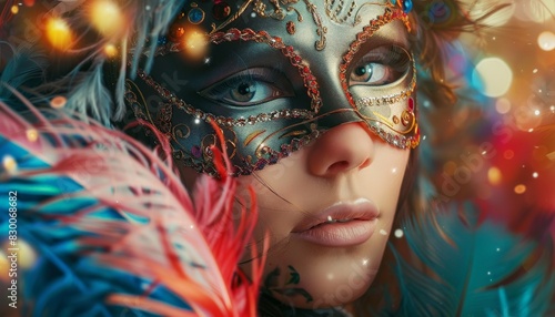 Masked woman with colorful feathers and lights.