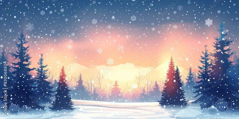 Winter Forest Landscape with Snow Falling and Sunset