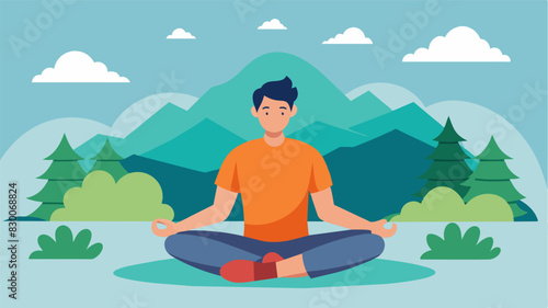 A man taking a break during a long hike to meditate and connect with his body understanding the importance of a holistic approach to exercise.. Vector illustration