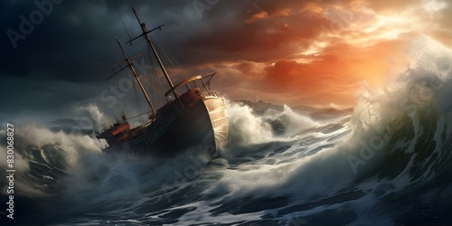 Struggling ship in storm holds onto hope symbol of resilience against adversity. Concept Shipwreck Survivors, Hope Amidst Adversity, Resilient, Triumph Over Nature's Fury, Struggle for Survival
