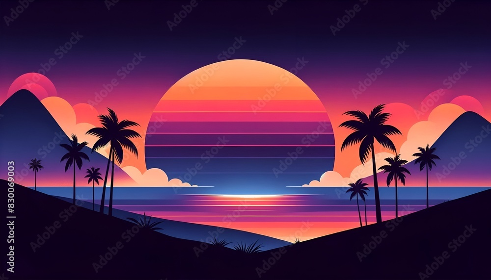 Retro summer scene with a vibrant sunset.