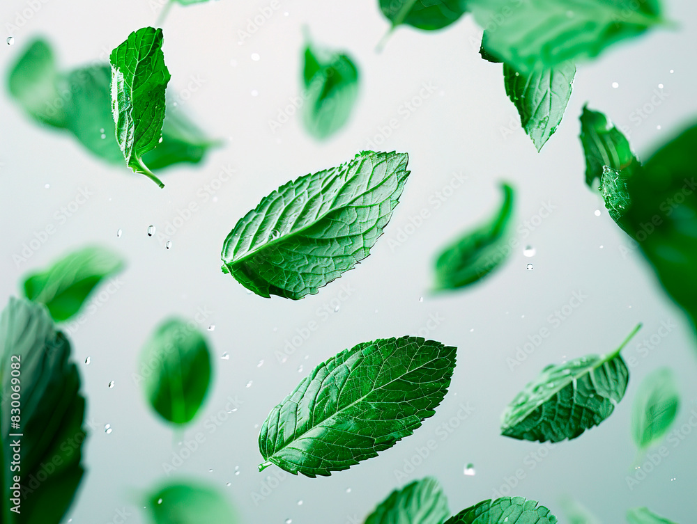 Set of bright mint leaves isolated on white background. photography of MINT falling from the sky, hyperpop colour scheme. glossy, white background Set of bright mint leaves isolated on white background. photography of MINT falling from the sky, hyperpop colour scheme. glossy, white background