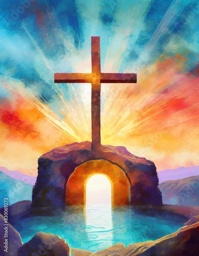 The empty cross, the river of life, salvation, eternal life