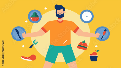 A man skipping meals and limiting his food intake to try and achieve the desired sixpack abs.. Vector illustration