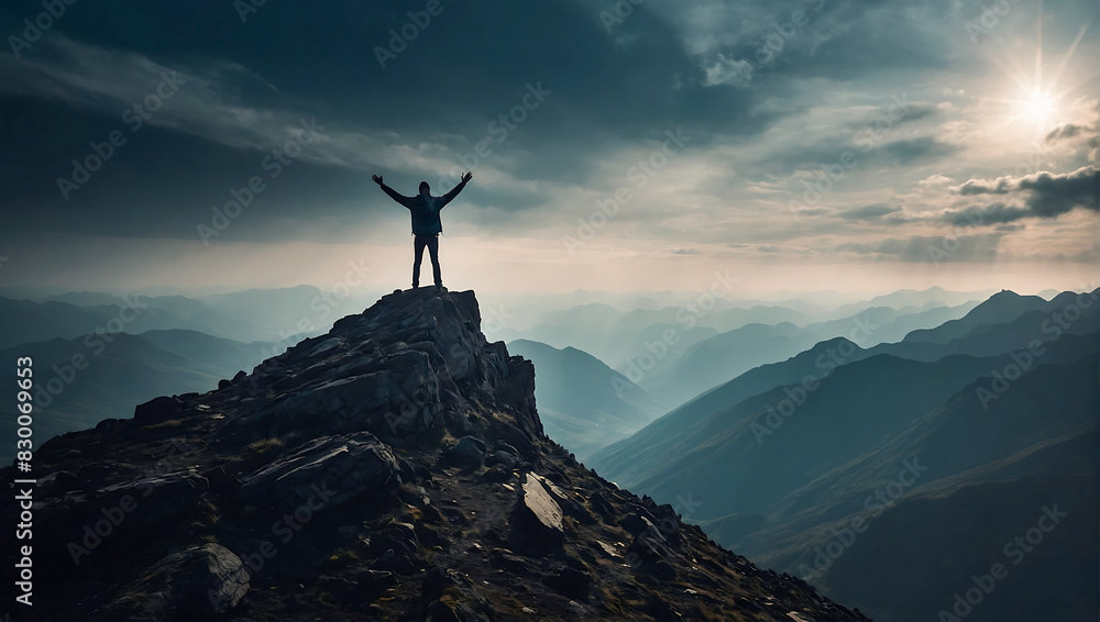 A lone person stands on top of a big mountain with hands towards the sky as to celebrate their achievement