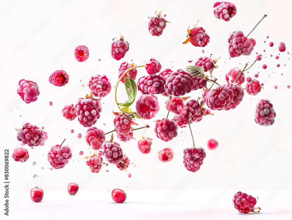photography of MULBERRIES falling from the sky, hyperpop colour scheme. glossy, white background Blackberry fruit and half sliced isolated on white background.