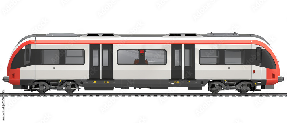 Modern commuter train in red and gray, isolated on white background ...