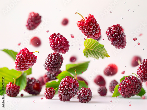 Wallpaper Mural photography of MULBERRIES falling from the sky, hyperpop colour scheme. glossy, white background Blackberry fruit and half sliced isolated on white background. Torontodigital.ca