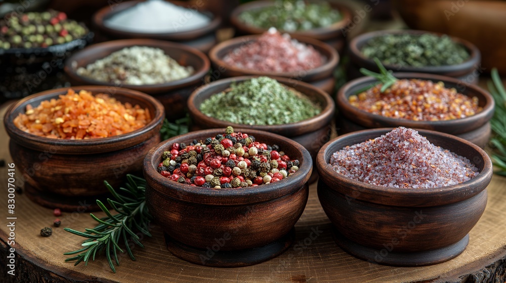 homemade seasonings in bowls on wooden table home kitchen