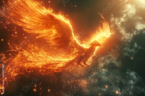 phoenix bird feather of flame flying in enchant forest
