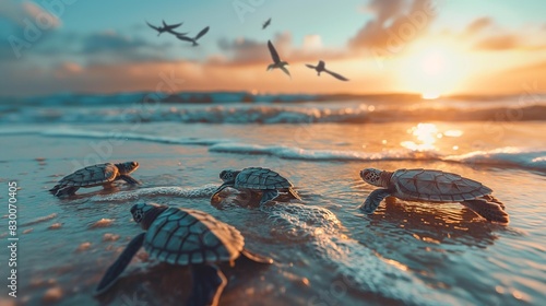 AI Image Generator of baby turtles on beach rushing to surf ocean, birds flying ovderhead, beautiful composition, cinematic, blue hour, national geogrpahic 