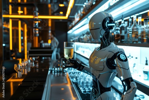 A robot serves drinks in a futuristic high-tech bar.