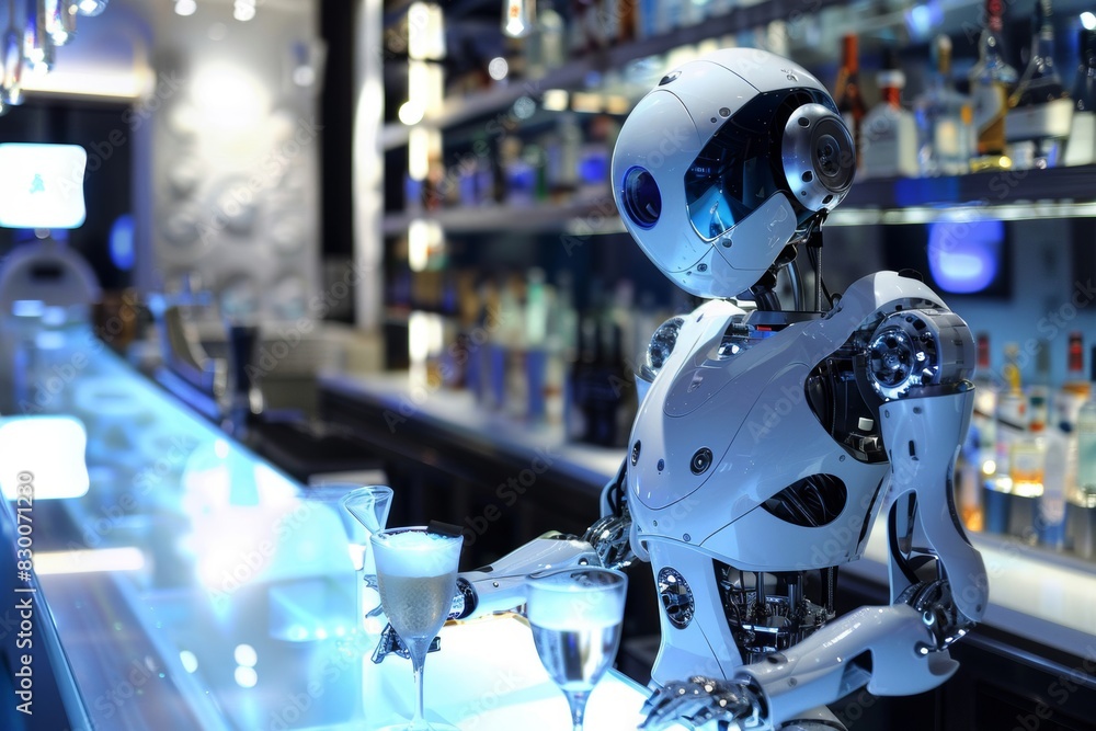 A robot serves drinks in a futuristic high-tech bar. A robot serves drinks in a futuristic high-tech bar.