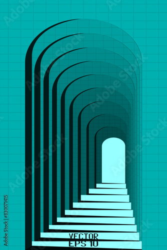 Abstract Blue and Green Geometric Pattern with Colonnade. Light and Shadow of Architectural Staircase. Tunnel in Perspective. Vector. 3D Illustration
