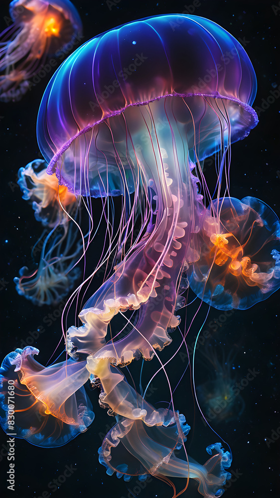 Naklejka premium Translucent jellyfish pulsate in the blue sea or black aquarium.