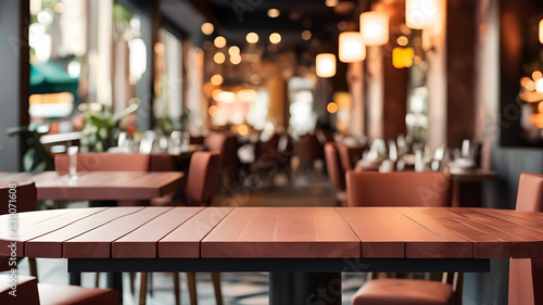 image of table podium in front of restaurant abstract background, Generative AI