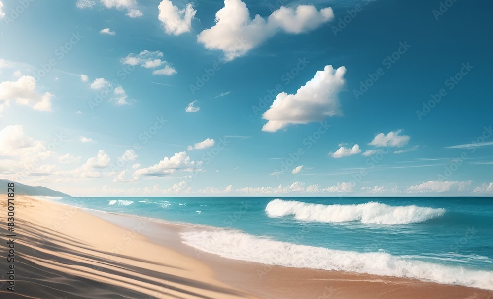 Summer scene of a sandy beach with gentle waves.