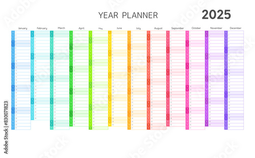 2025 calendar, year planner for daily and monthly agenda. Blank template of 2025 year planner with twelve months vertical grid in rainbow colors, vector illustration