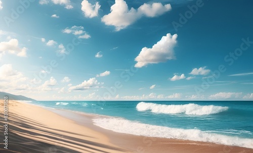 Summer scene of a sandy beach with gentle waves.