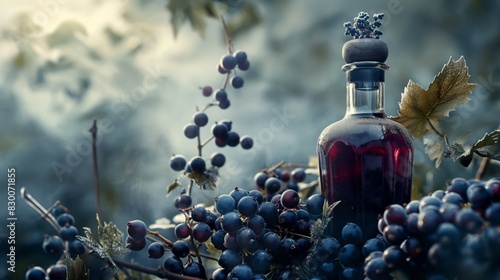 bottles of blackcurrant liqueur with fresh berries and barrel in manufacturer cellar  photo