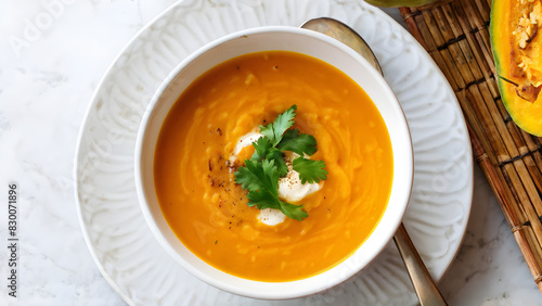 delicious pumpkin soup on a white plate