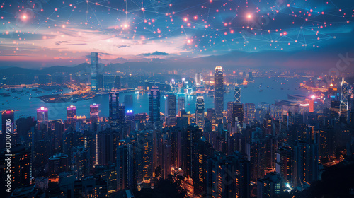 A breathtaking cityscape at twilight, featuring a vibrant network of glowing data connections overlaying the scene. The illuminated skyscrapers and harbor create a stunning visual representation.