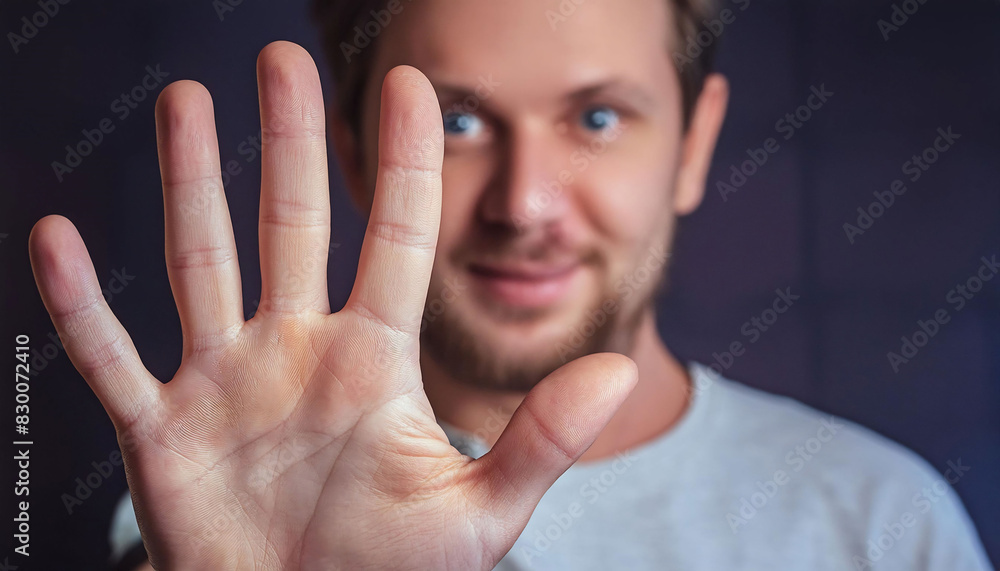 A man's hand with fingers spread out close to the camera, open palm, making a stop gesture or showing number five, attention, warnings, instructions, A man's hand with fingers spread out close to the camera, open palm, making a stop gesture or showing number five, attention, warnings, instructions,