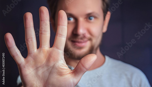 A man's hand with fingers spread out close to the camera, open palm, making a stop gesture or showing number five, attention, warnings, instructions,