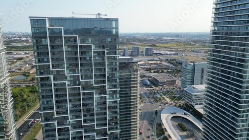 Aerial drone footage of highrise buildings in Vaughan Ontario Canada photo