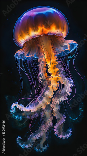 Translucent jellyfish pulsate in the blue sea or black aquarium. © pla2u