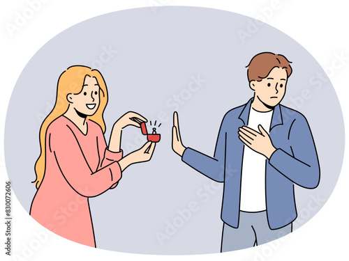 Man rejects offer to marry woman presenting diamond-studded engagement ring to boyfriend. Girl with wedding ring in box wants to marry guy she likes, but is refused due to excessive perseverance