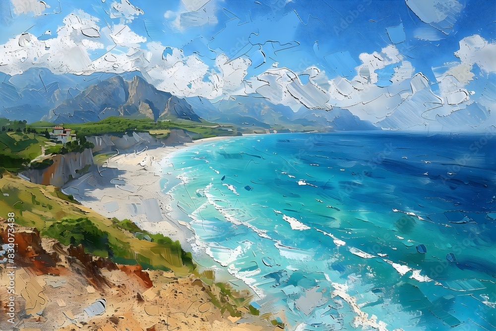 Beautiful Coastal Landscape in Impressionist Art Style with Turquoise Ocean, Sandy Beach, and Mountain Views, Ideal for Art and Nature Lovers Beautiful Coastal Landscape in Impressionist Art Style with Turquoise Ocean, Sandy Beach, and Mountain Views, Ideal for Art and Nature Lovers