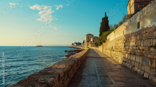 magazine photography, sea promenade of an old historic Mediterranean city. Shot at noon in the summertime.