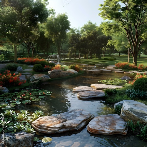 Stepping stones in a pond in a lush green garden © Adobe Contributor