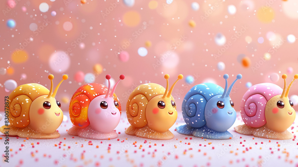 In a lively pastel garden which is a group of adorable snails explores their surroundings with curious little antennae waving in the air. In a lively pastel garden which is a group of adorable snails explores their surroundings with curious little antennae waving in the air.