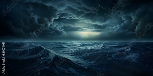 Eerie atmosphere with dark clouds looming over a mysterious scary ocean. Concept Mysterious Ocean, Dark Clouds, Scary Atmosphere, Eerie Landscape, Mystery Photography
