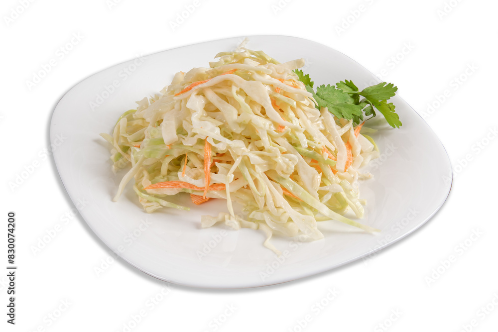 A plate of creamy coleslaw in a restaurant A plate of creamy coleslaw in a restaurant