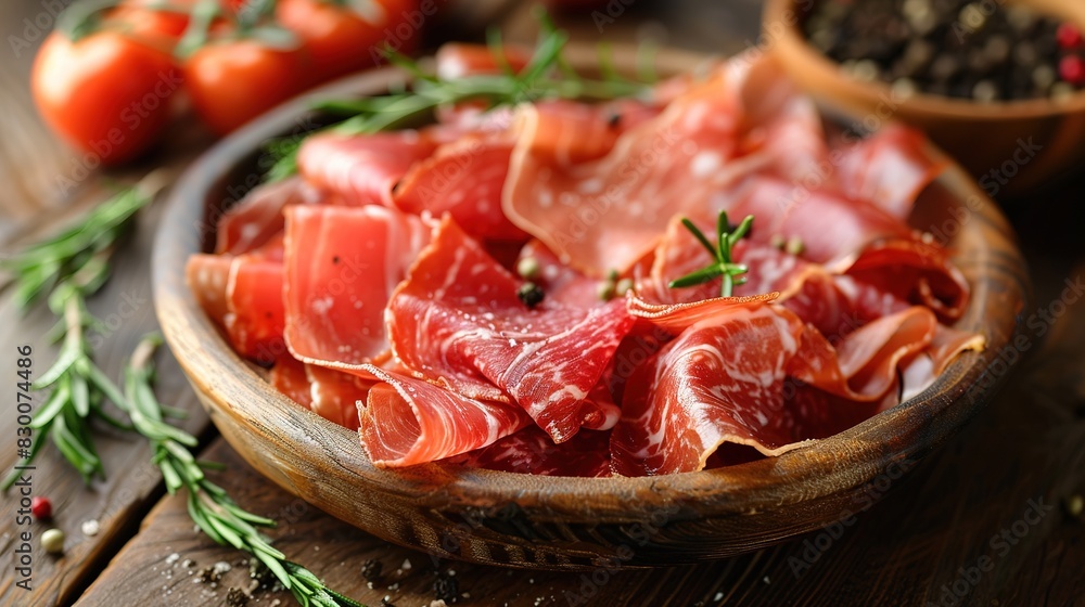 Slices of prosciutto di parma or jamon serrano (iberico) on a dark cutting board. Slices of prosciutto di parma or jamon serrano (iberico) on a dark cutting board.