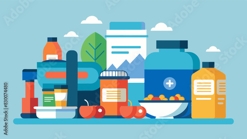 His bathroom counter was cluttered with various supplements and protein powders all promising to help him reach his ideal body size and shape.. Vector illustration