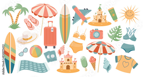 Set of cute summer icons, stickers. Collection of scrapbooking elements for beach party. Tropical vacation. Vector