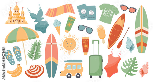 Set of cute summer icons, stickers. Collection of scrapbooking elements for beach party. Tropical vacation. Vector