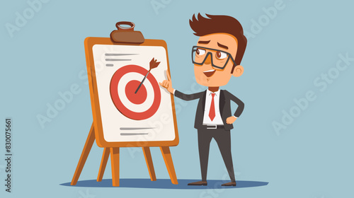 Curious businessman asking questions with target board, symbolizing effective communication and problem-solving in a business environment. photo