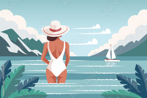 Seascape. A young woman in a swimsuit looks at the sea with a yacht. Vacation concept. Illustration. Vector