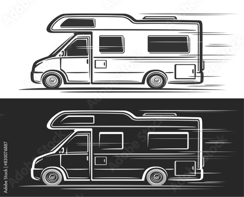 Vector logo for Motorhome, horizontal automotive banners with clip art illustration of monochrome classic motorhome in moving, decorative artwork of running camper van on black and white background