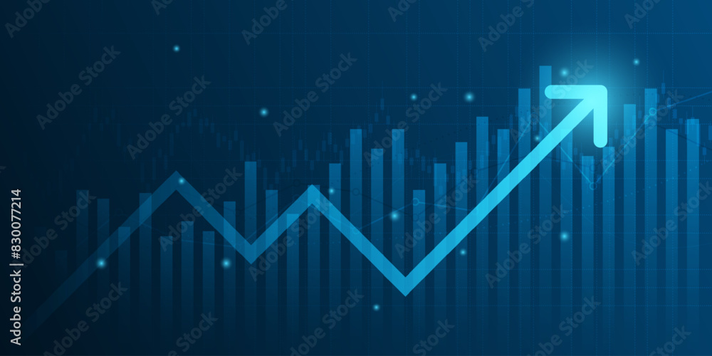 Abstract financial graph with uptrend line arrow and bar chart of stock market on blue color background Abstract financial graph with uptrend line arrow and bar chart of stock market on blue color background