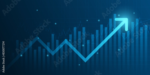 Abstract financial graph with uptrend line arrow and bar chart of stock market on blue color background